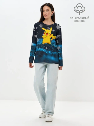 Лонгслив женский. Хлопок / Пикачу Новогодний