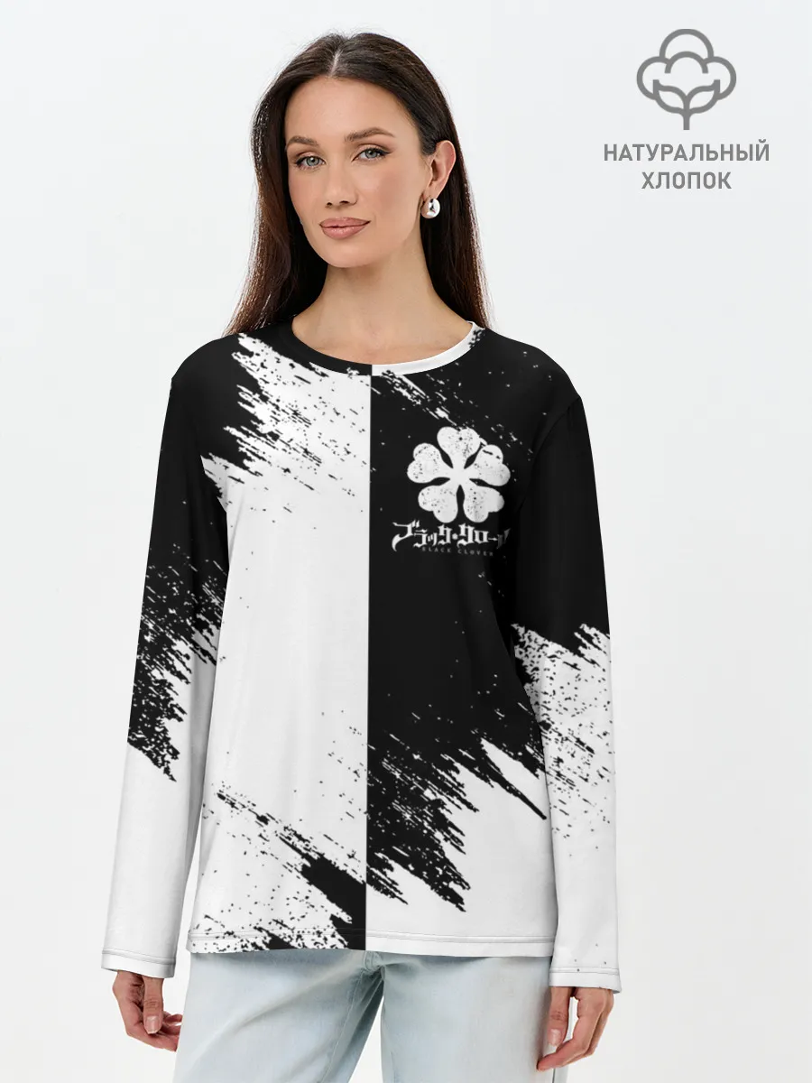Лонгслив женский. Хлопок / Черный Клевер инверсированный фон
