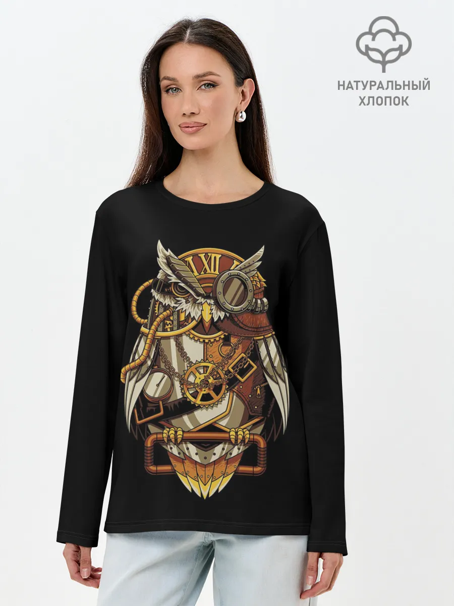 Лонгслив женский. Хлопок / Сова с моноклем