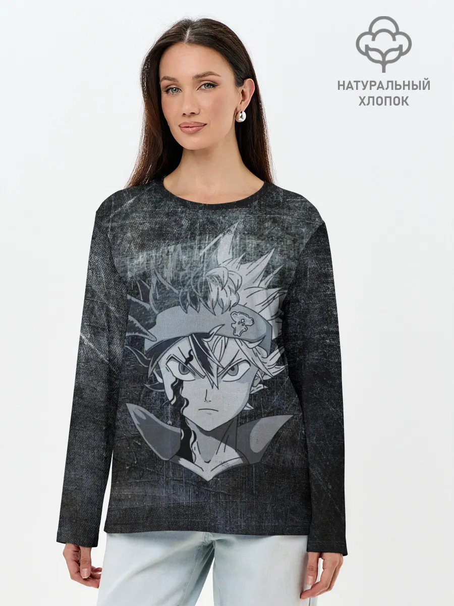 Лонгслив женский. Хлопок / Лицо Астера на состаренном черном фоне