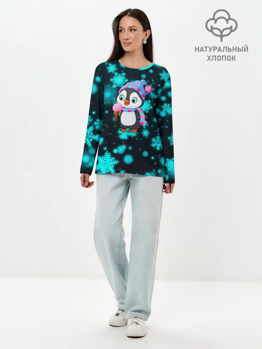 Лонгслив женский. Хлопок / Новогодний пингвин