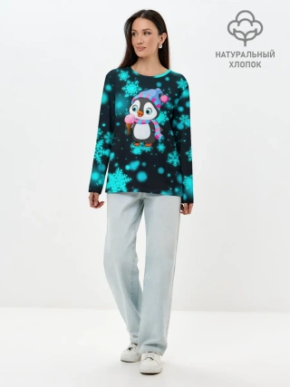 Лонгслив женский. Хлопок / Новогодний пингвин