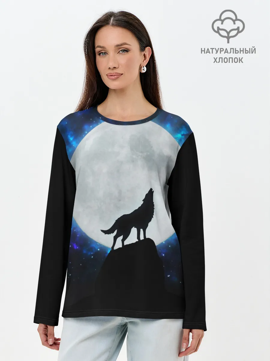 Лонгслив женский. Хлопок / Волк воющий на луну