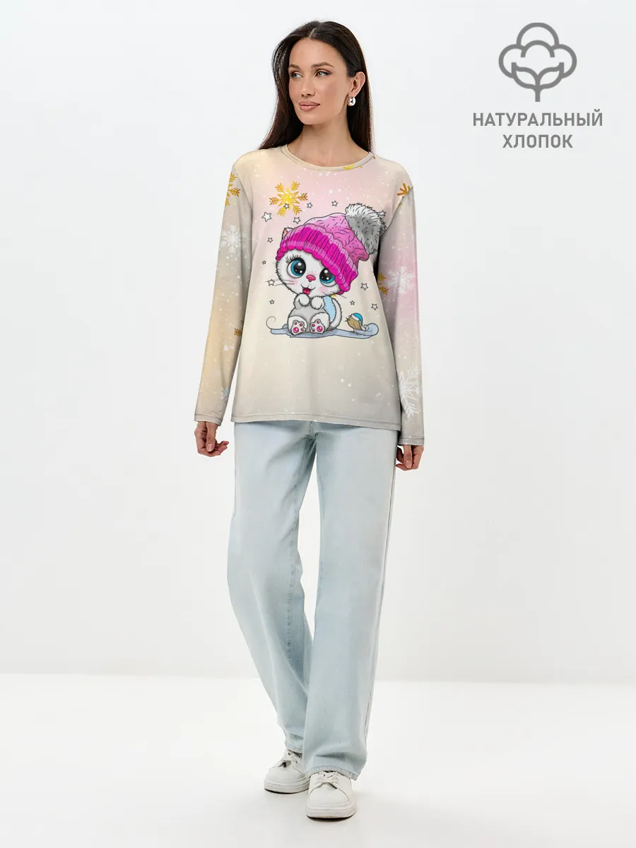 Лонгслив женский. Хлопок / Новогодний кот