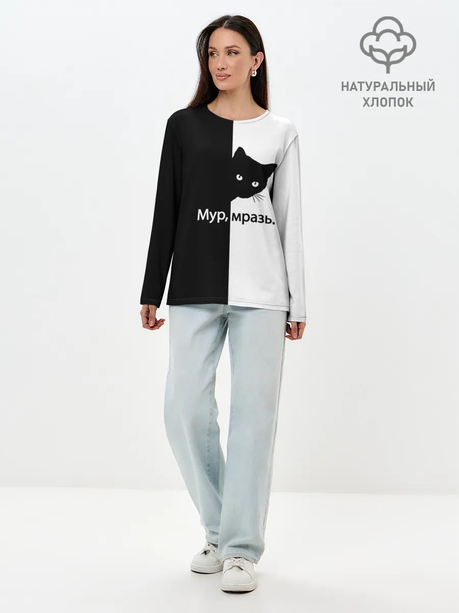 Лонгслив женский. Хлопок / Черный кот