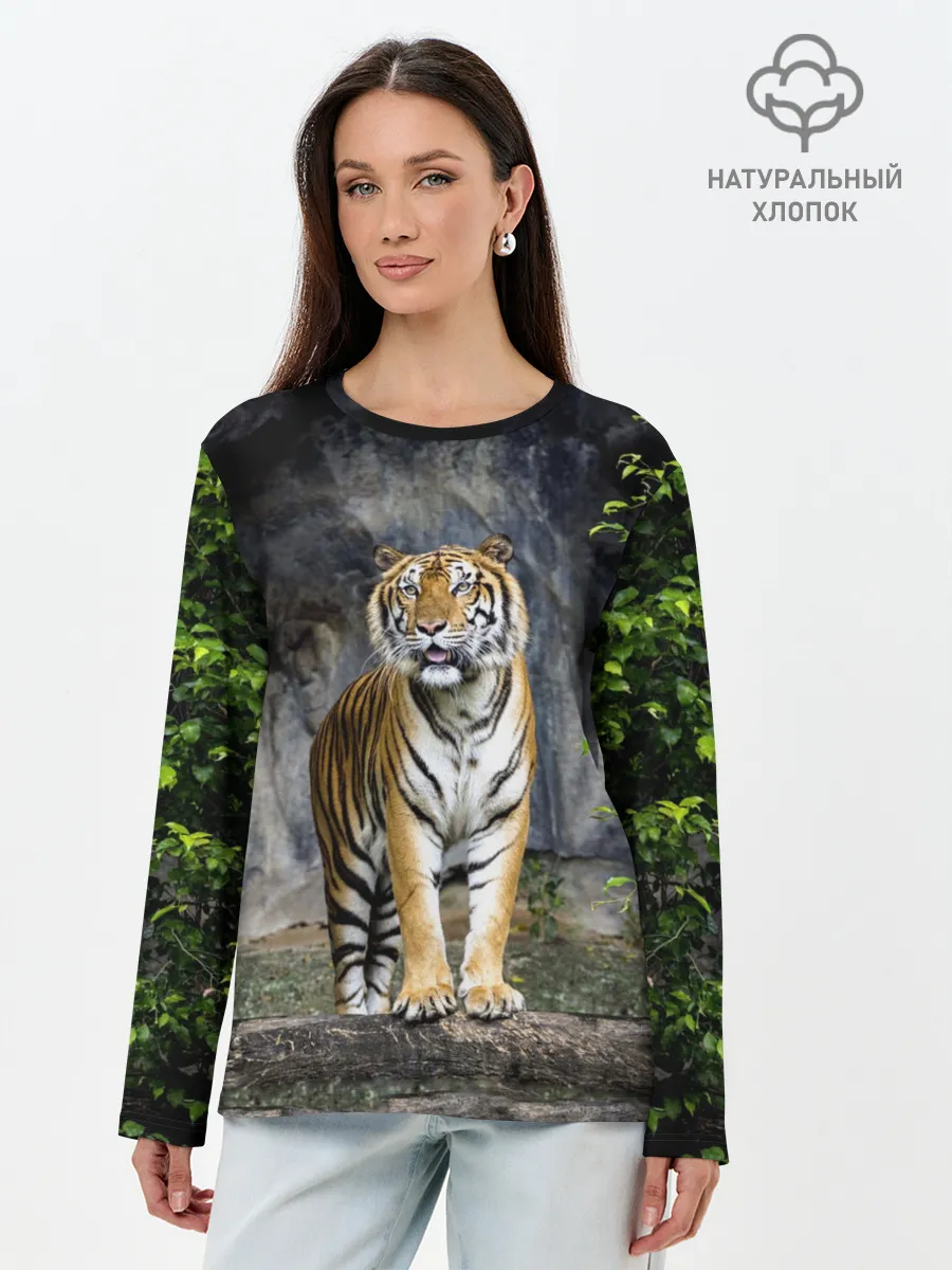 Лонгслив женский. Хлопок / ТИГР В ЛЕСУ