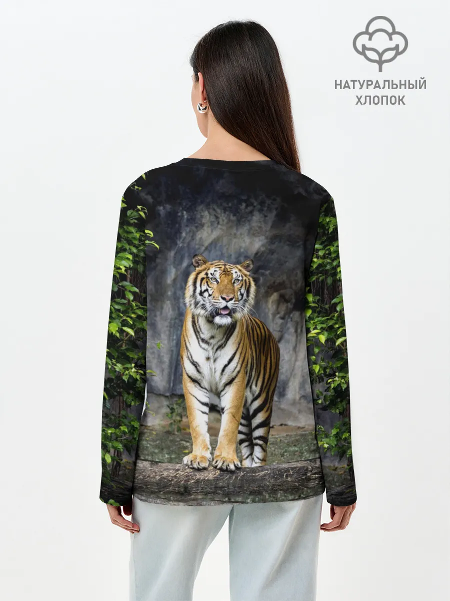 Лонгслив женский. Хлопок / ТИГР В ЛЕСУ