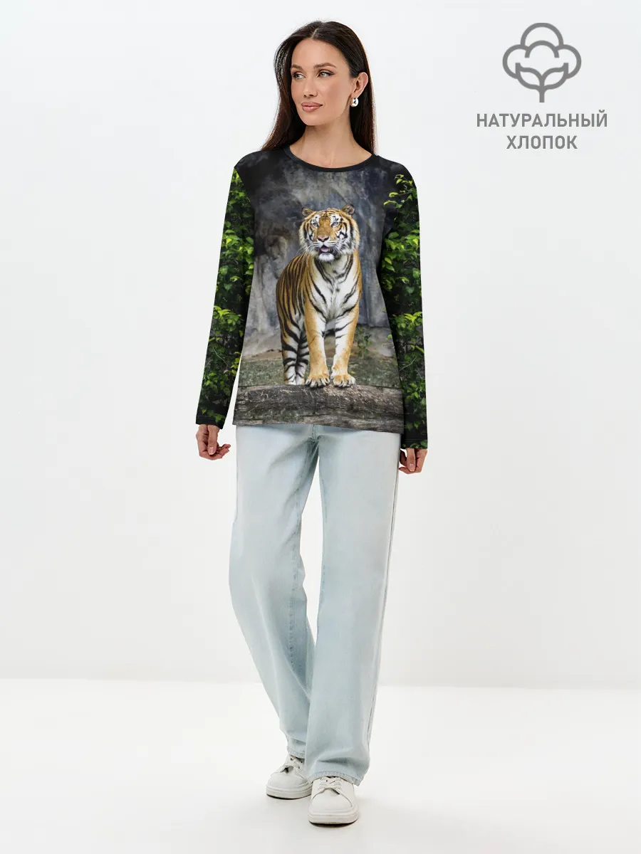Лонгслив женский. Хлопок / ТИГР В ЛЕСУ