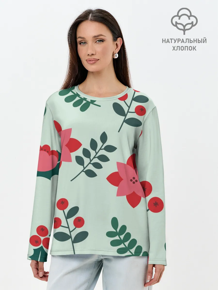 Лонгслив женский. Хлопок / цветы, ягоды, листья