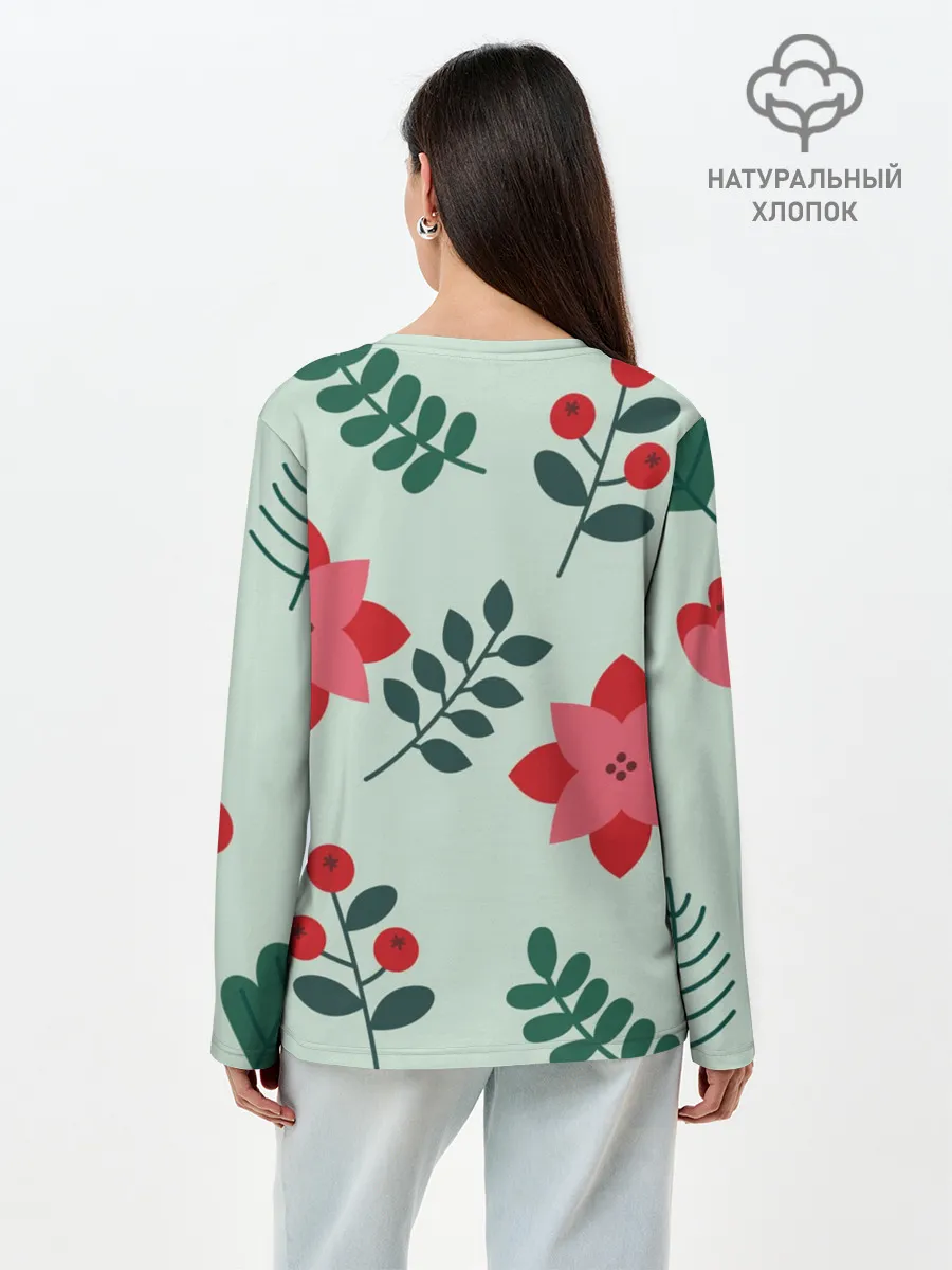 Лонгслив женский. Хлопок / цветы, ягоды, листья