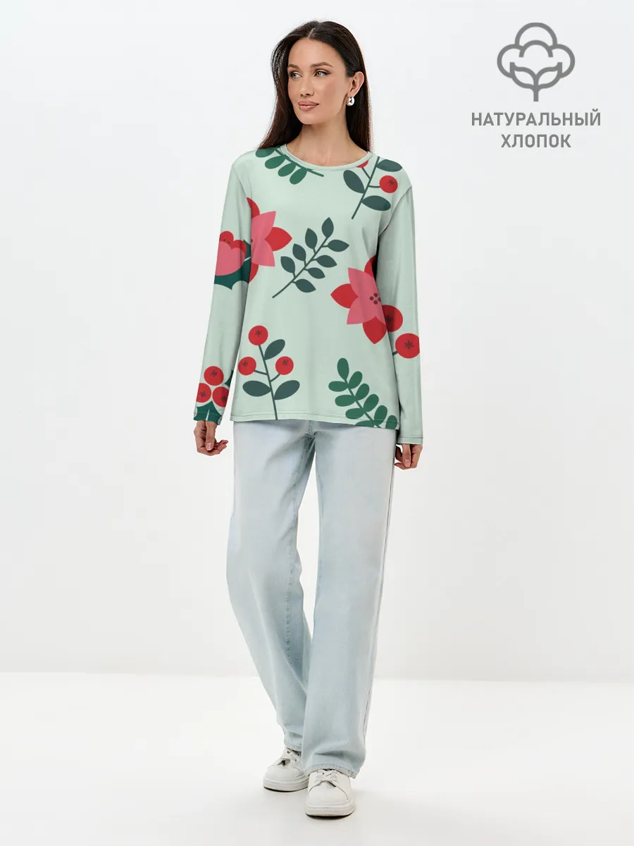 Лонгслив женский. Хлопок / цветы, ягоды, листья