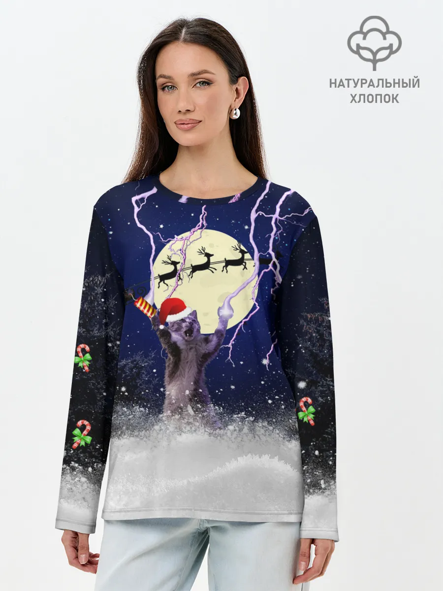 Лонгслив женский. Хлопок / Новогодний Кот