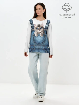 Лонгслив женский. Хлопок / КОТЕНОК В КАРМАНЕ