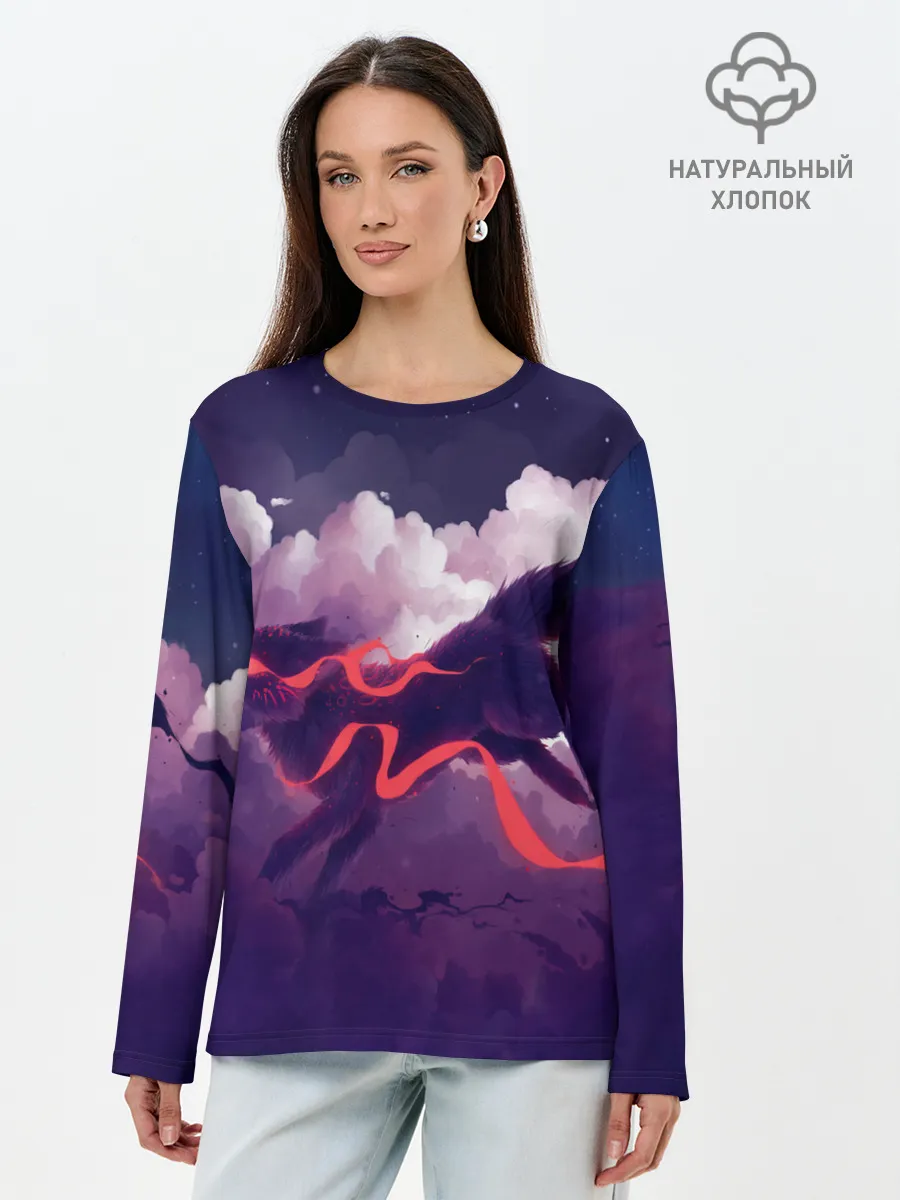 Лонгслив женский. Хлопок / Лиса бежит по облакам