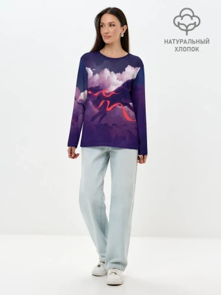 Лонгслив женский. Хлопок / Лиса бежит по облакам