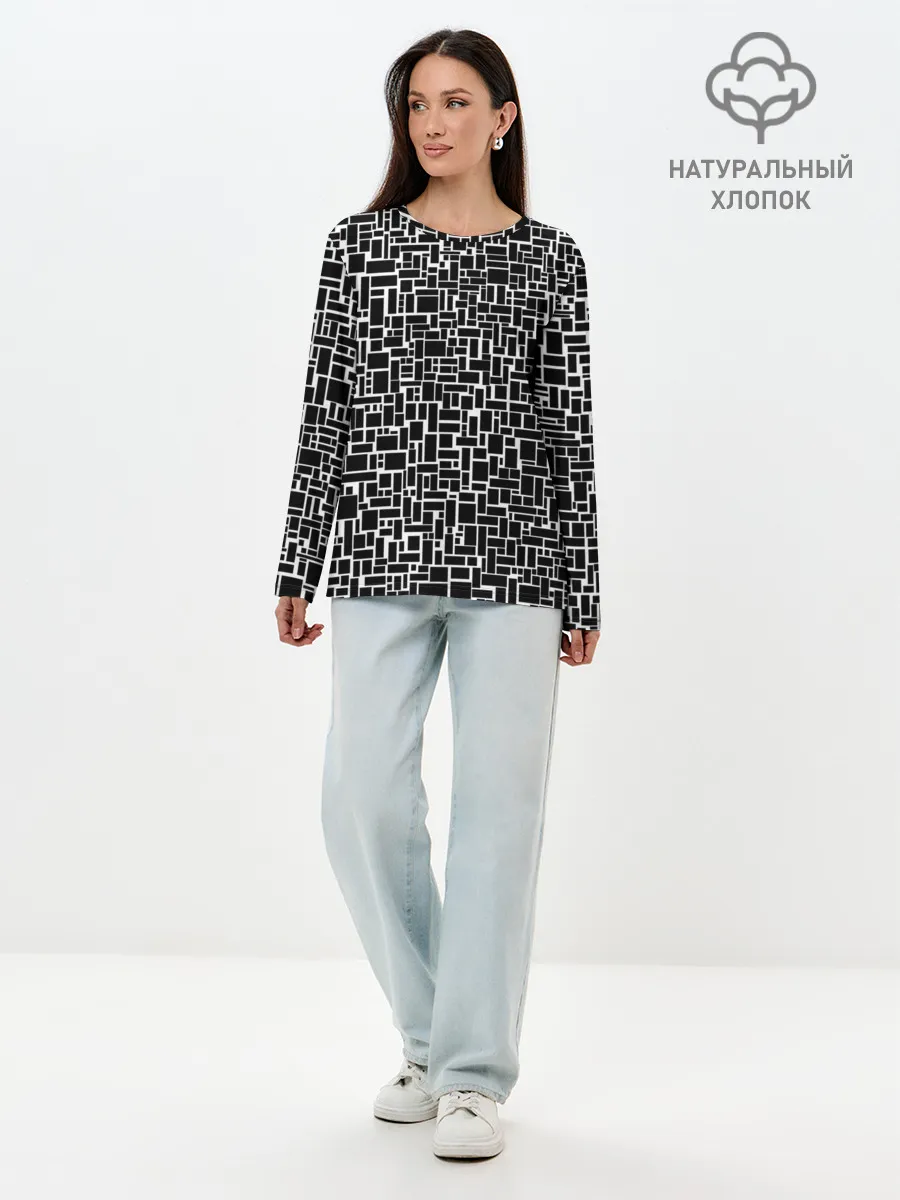 Лонгслив женский. Хлопок / Геометрия ЧБ.Black & white
