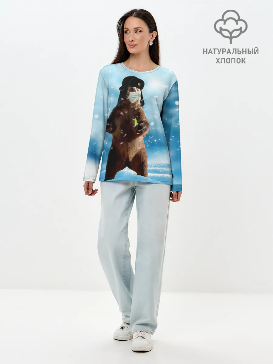Лонгслив женский. Хлопок / Зимний мишка в реалиях 2020 г.