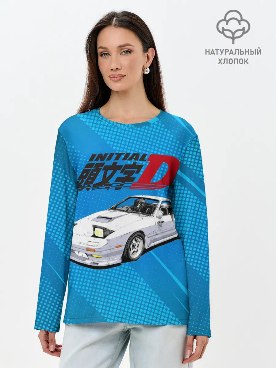 Лонгслив женский. Хлопок / Initial D машина на голубом фоне