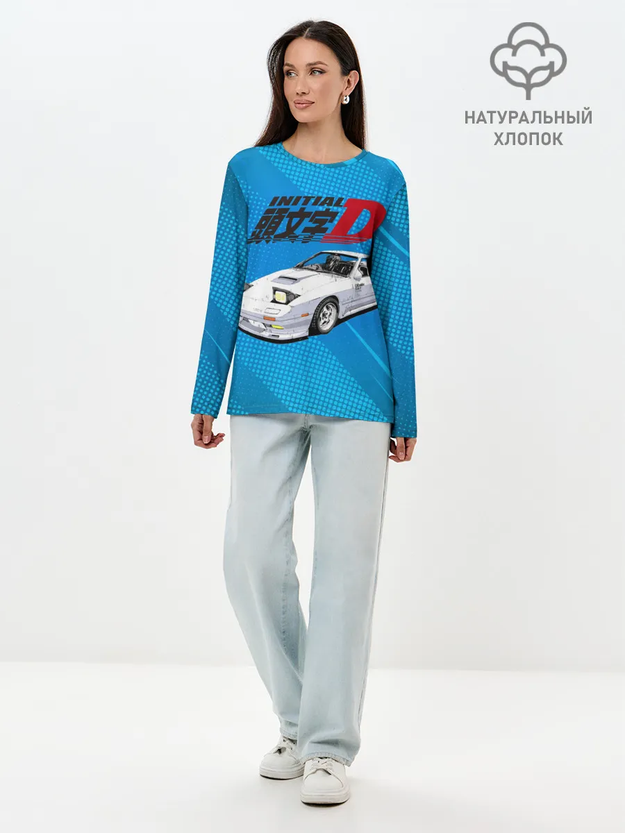 Лонгслив женский. Хлопок / Initial D машина на голубом фоне