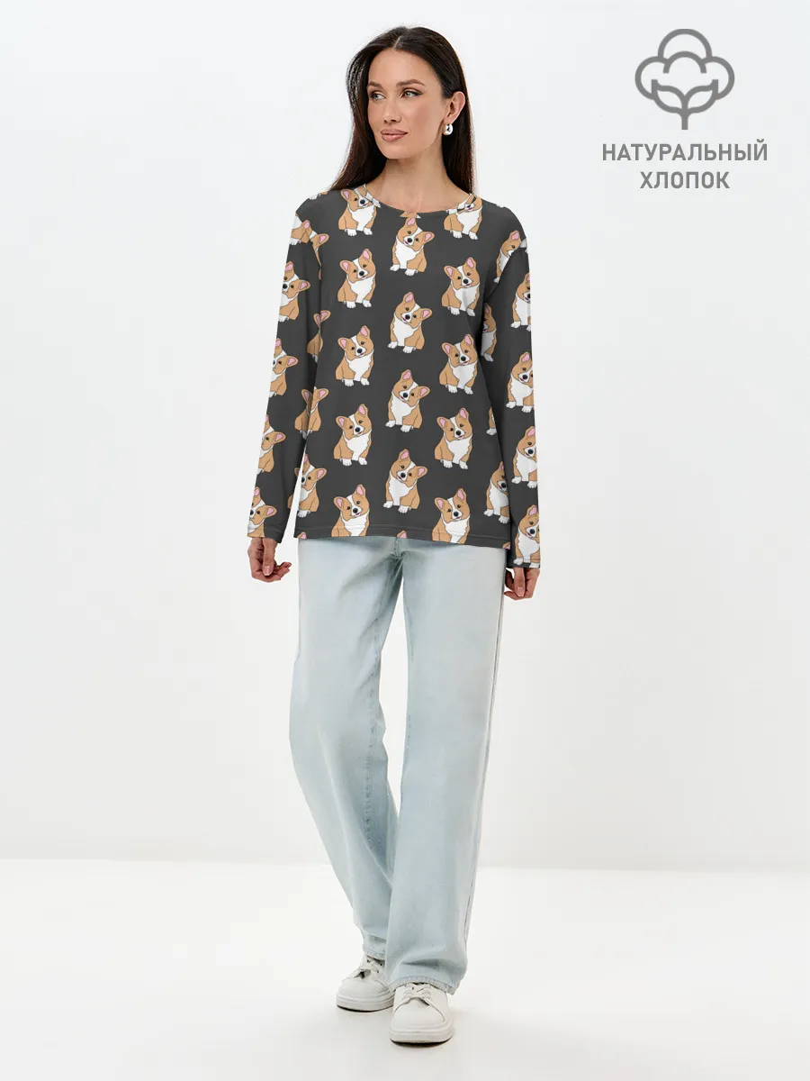 Лонгслив женский. Хлопок / Корги малыши