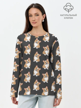 Лонгслив женский. Хлопок / Корги малыши