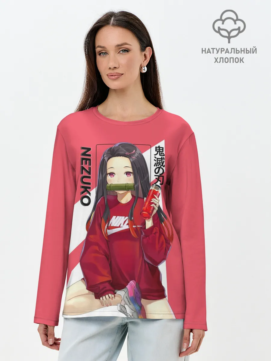 Лонгслив женский. Хлопок / Незуко коралловый