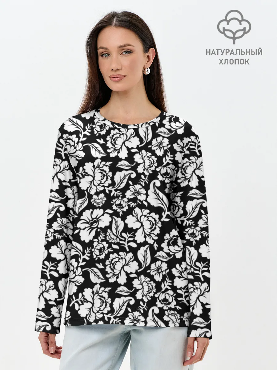 Лонгслив женский. Хлопок / White flowers