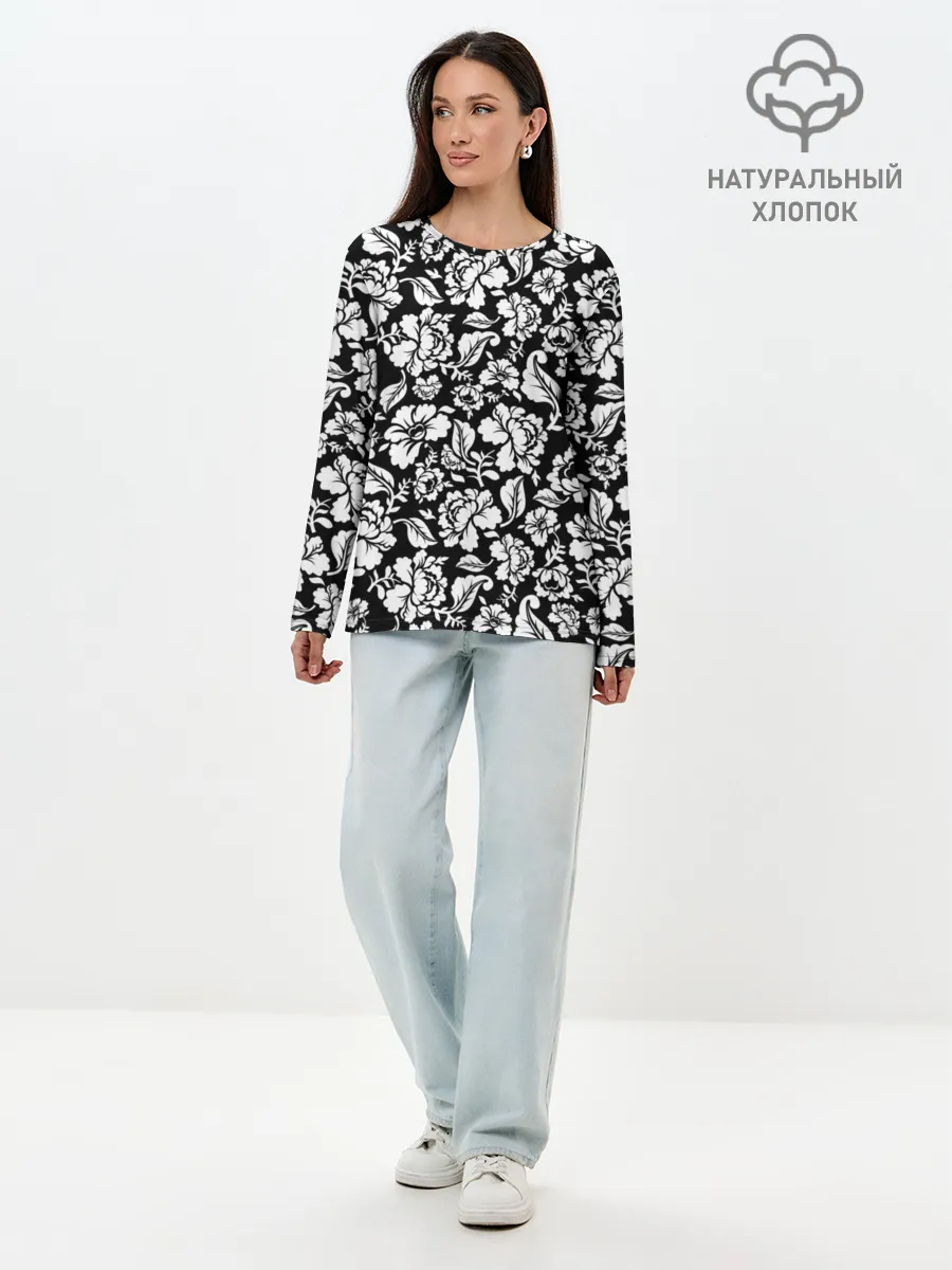 Лонгслив женский. Хлопок / White flowers