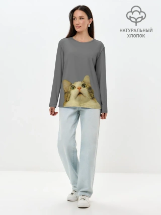 Лонгслив женский. Хлопок / Коте смотрит вверх