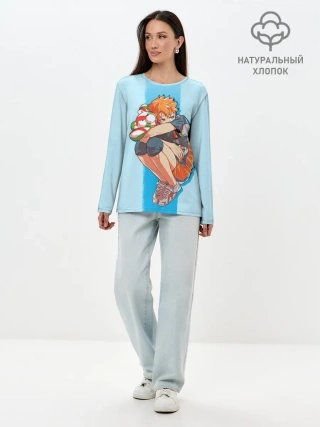 Лонгслив женский. Хлопок / Хината на синем фоне