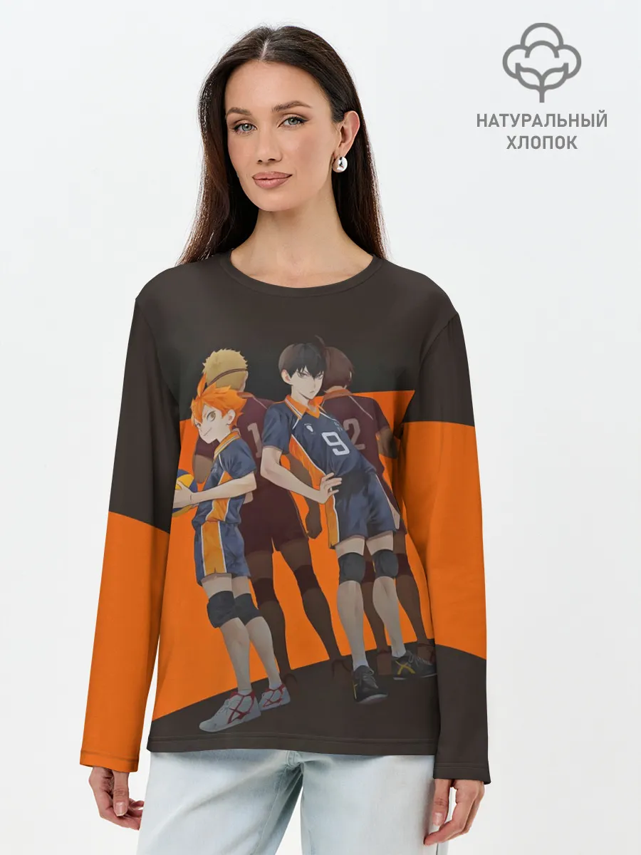 Лонгслив женский. Хлопок / Karasuno оранжевая полоса