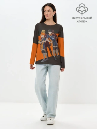 Лонгслив женский. Хлопок / Karasuno оранжевая полоса
