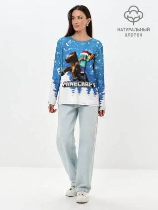 Лонгслив женский. Хлопок / Новогодний Манкрафт на коне