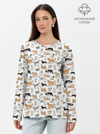 Лонгслив женский. Хлопок / Узор собаки много