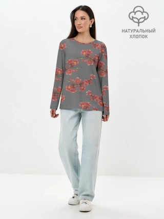 Лонгслив женский. Хлопок / Цветы айвы на сером фоне