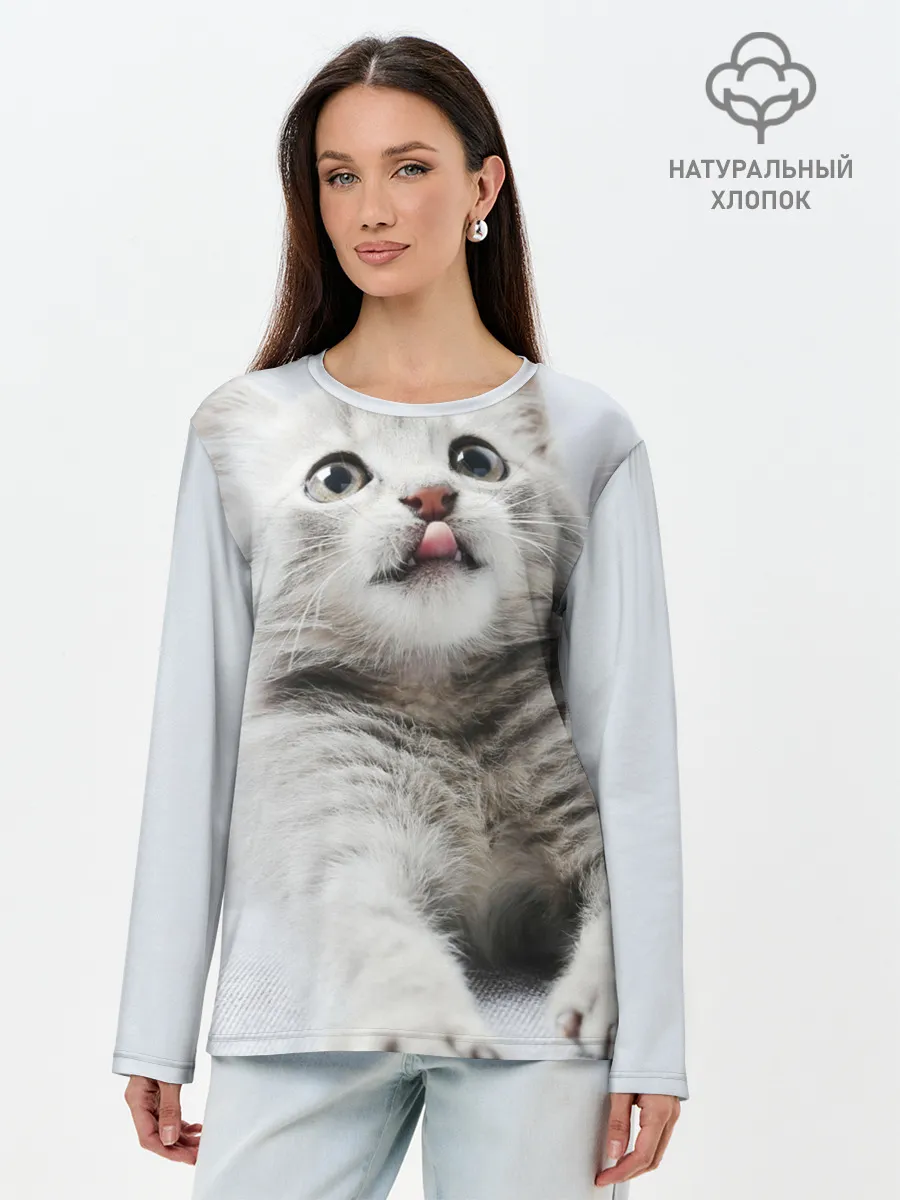 Лонгслив женский. Хлопок / серый котенок