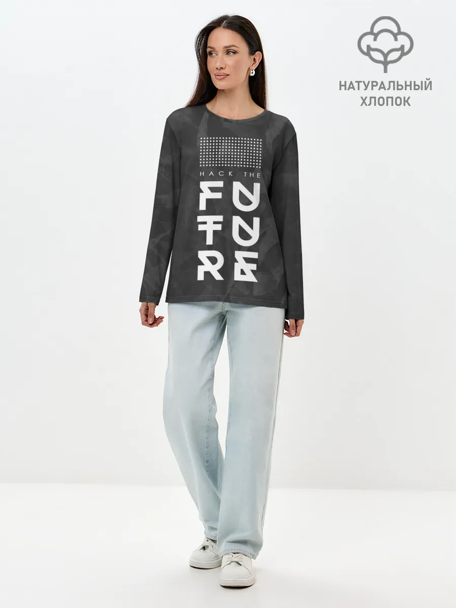 Лонгслив женский. Хлопок / Надпись Hack the future