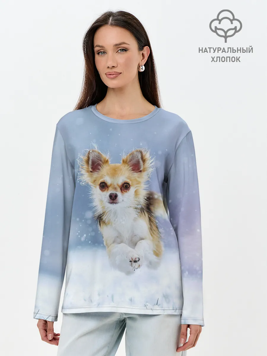 Лонгслив женский. Хлопок / Чихуахуа в снегу