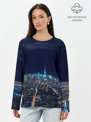 Лонгслив женский. Хлопок / Ночной город