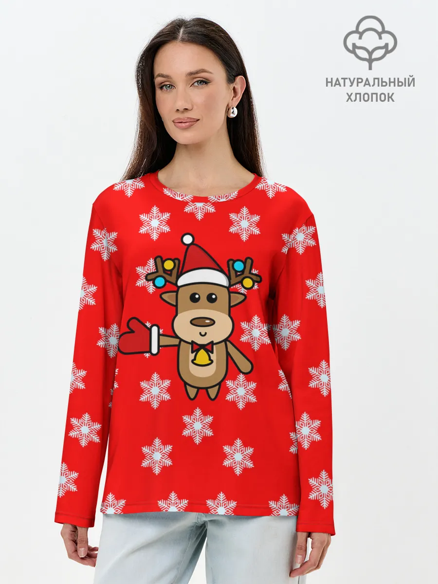 Лонгслив женский. Хлопок / Оленёнок в снежинках