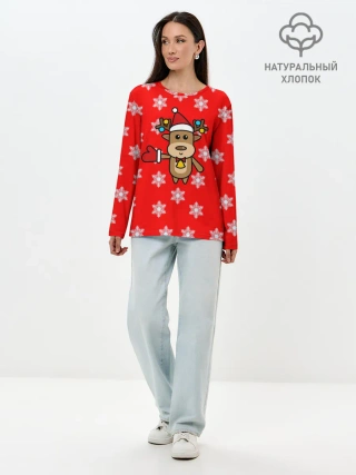 Лонгслив женский. Хлопок / Оленёнок в снежинках