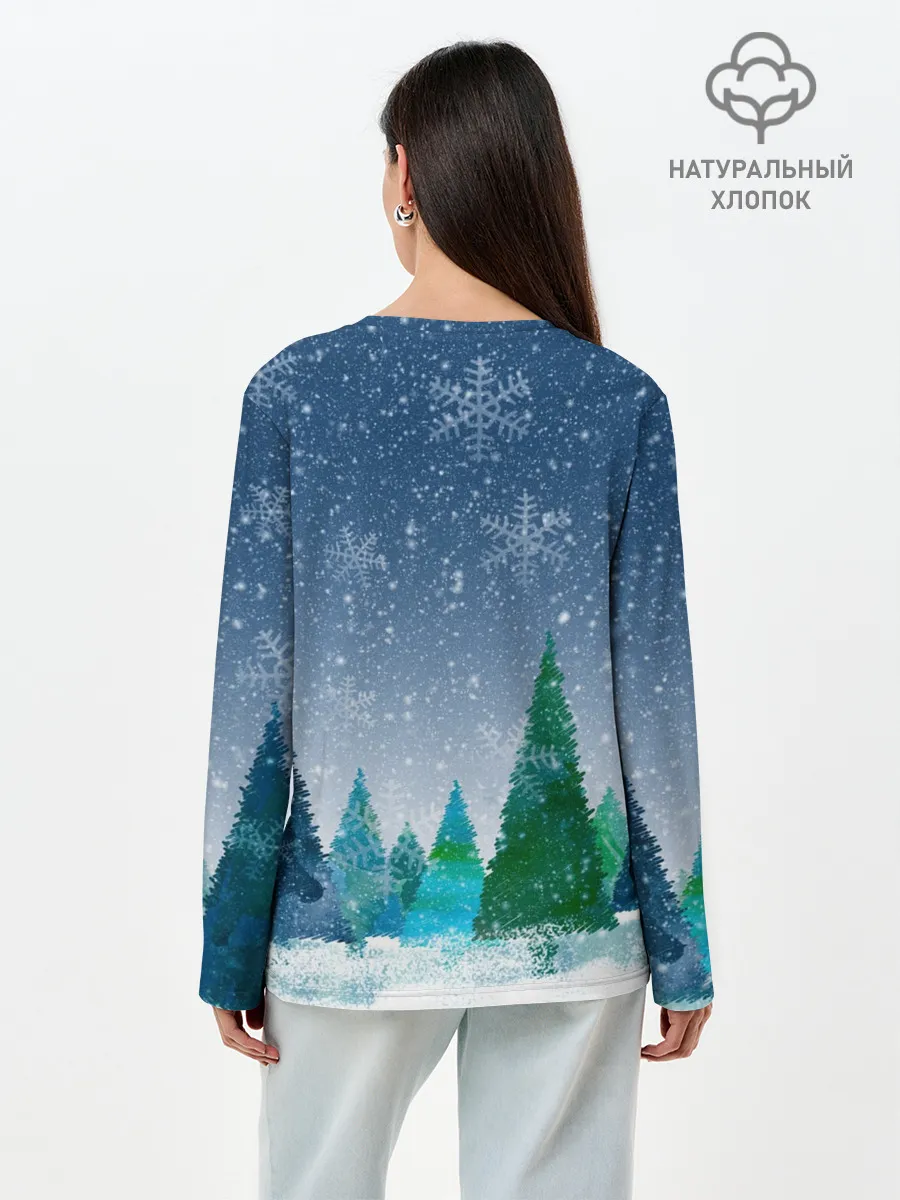Лонгслив женский. Хлопок / Снежинки в лесу