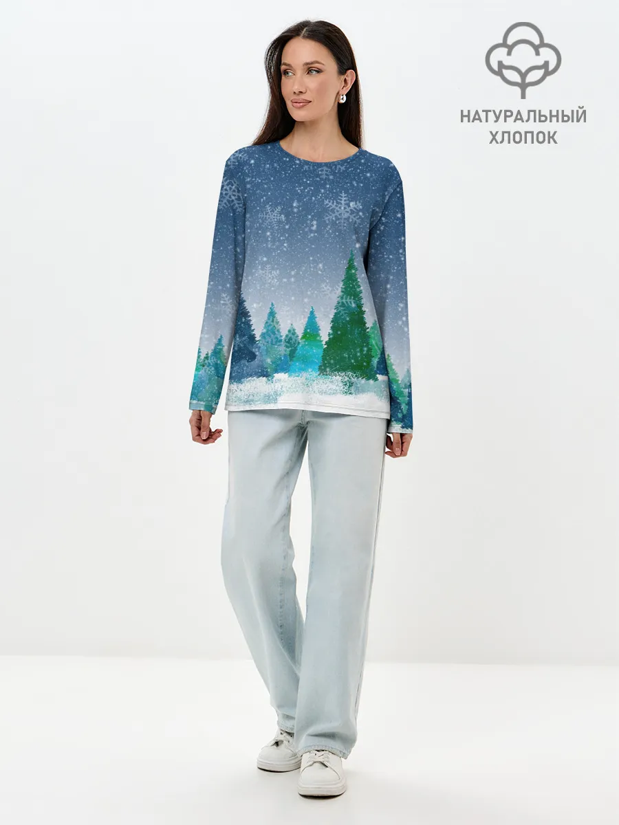 Лонгслив женский. Хлопок / Снежинки в лесу