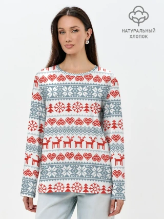 Лонгслив женский. Хлопок / Новогодний пиксельный узор