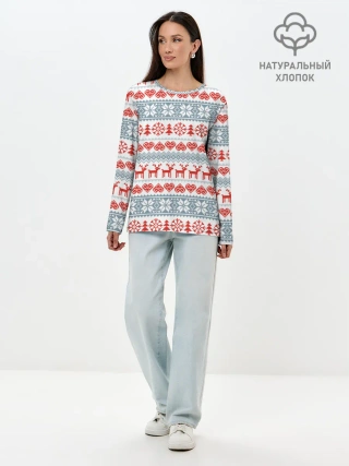 Лонгслив женский. Хлопок / Новогодний пиксельный узор