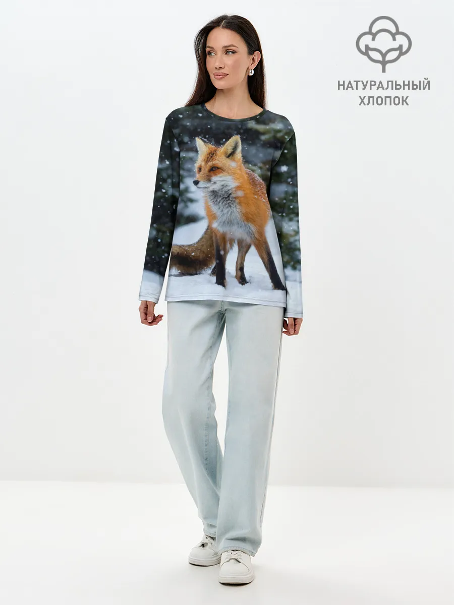 Лонгслив женский. Хлопок / Лиса в зимнем лесу