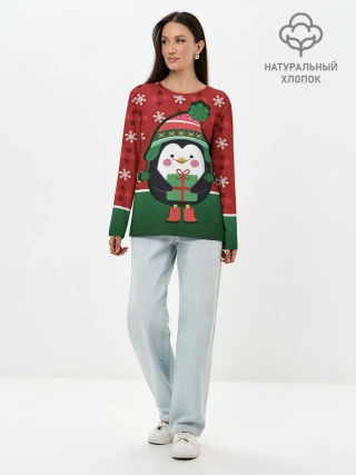 Лонгслив женский. Хлопок / Пингвин. Новый год