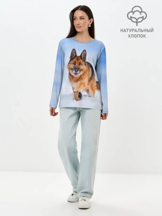 Лонгслив женский. Хлопок / Овчарка и снег