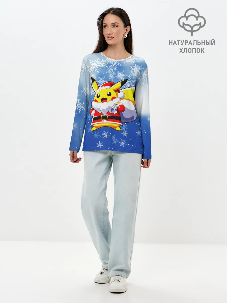 Лонгслив женский. Хлопок / НОВОГОДНИЙ ПИКАЧУ
