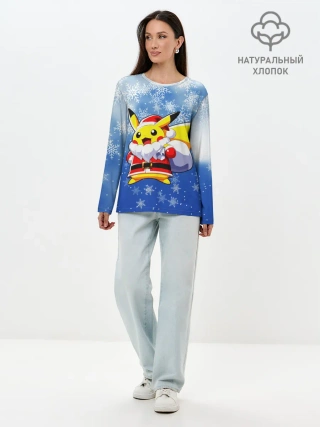 Лонгслив женский. Хлопок / НОВОГОДНИЙ ПИКАЧУ